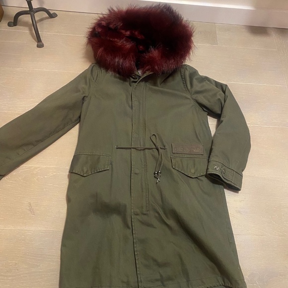 AVEC LES FILLES olive military coat with burgundy faux fur lining. Size XS - Picture 2 of 15